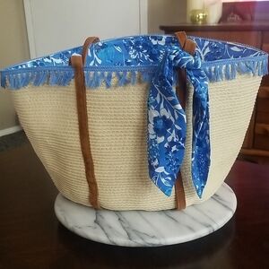 Rachel Zoe Tan Straw Tote with Blue Floral Lining NWT!